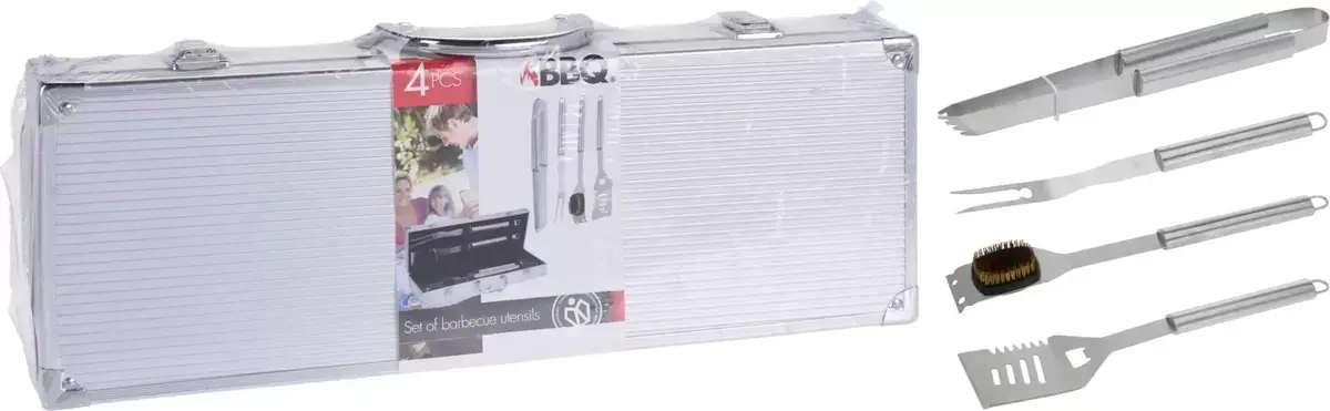 BARBECUEGEREEDSCHAPSET RVS 4 DLG, IN ALUMINIUM KOFFER 46X16X8CM, koopman, bbqkopen